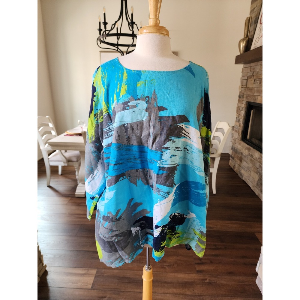 Ali Miles Women's Blue Abstract Print Artsy Linen Cotton‎ Tunic Top Size 2X